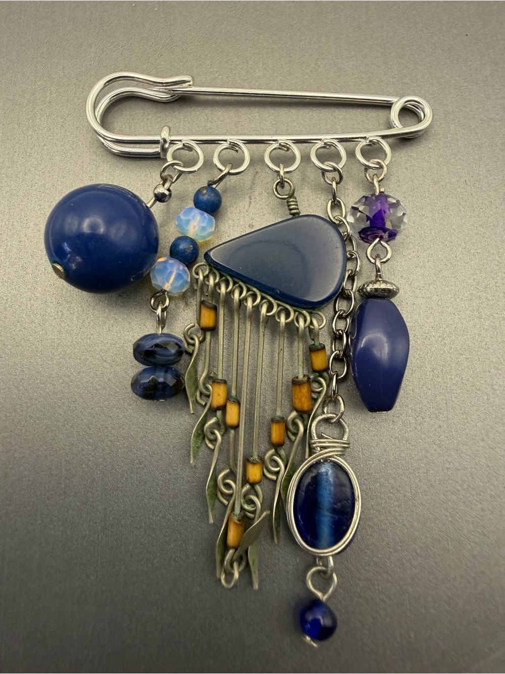 Cobalt Blue Dangle Charm Safety Pin Brooch Handmade